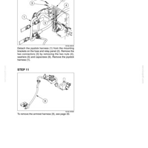 Peut inclure: Une page de manuel technique num&eacute;rot&eacute;e 5009-13 pr&eacute;sentant les &eacute;tapes 10 et 11. L'&eacute;tape 10 illustre le d&eacute;tachement d'un faisceau de joystick d'un panneau de fusibles et relais avec des composants num&eacute;rot&eacute;s. L'&eacute;tape 11 montre le retrait du faisceau.