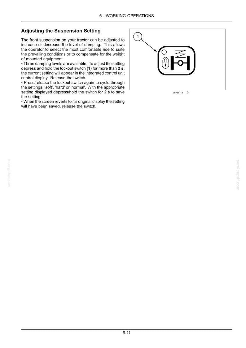 May include: A technical manual page titled 6-WORKING OPERATIONS, Adjusting the Suspension Setting. It includes instructions for tractor suspension damping and a diagram labeled 1 showing a lockout switch icon with a spring and lock symbol.