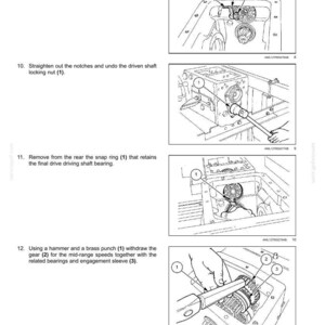 May include: Diagram of a transmission gearbox with numbered components. Instructions include extracting the internal lever, straightening notches, undoing the locking nut, removing the snap ring, and withdrawing the gear. Text at the top reads "Transmission - Gearbox".