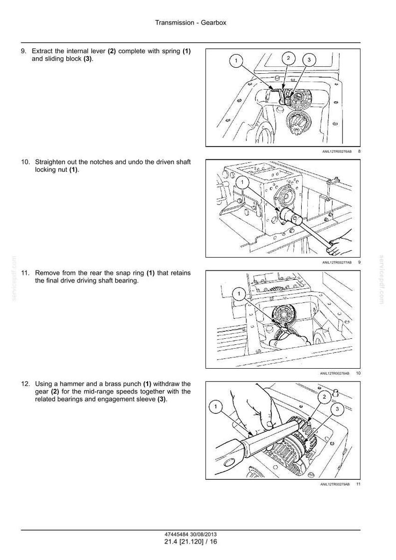 May include: Diagram of a transmission gearbox with numbered components. Instructions include extracting the internal lever, straightening notches, undoing the locking nut, removing the snap ring, and withdrawing the gear. Text at the top reads "Transmission - Gearbox".