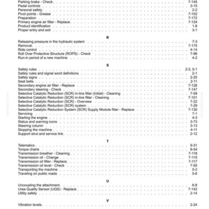 May include: A detailed table of contents from an operator's manual, featuring various sections like safety rules, engine maintenance, and system checks. The text is black on a white background.