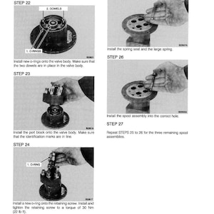 May include: A technical diagram with multiple steps for assembling a mechanical component. The steps include installing O-rings, dowels, and other parts. Text instructions and diagrams are provided, with measurements in lb ft.