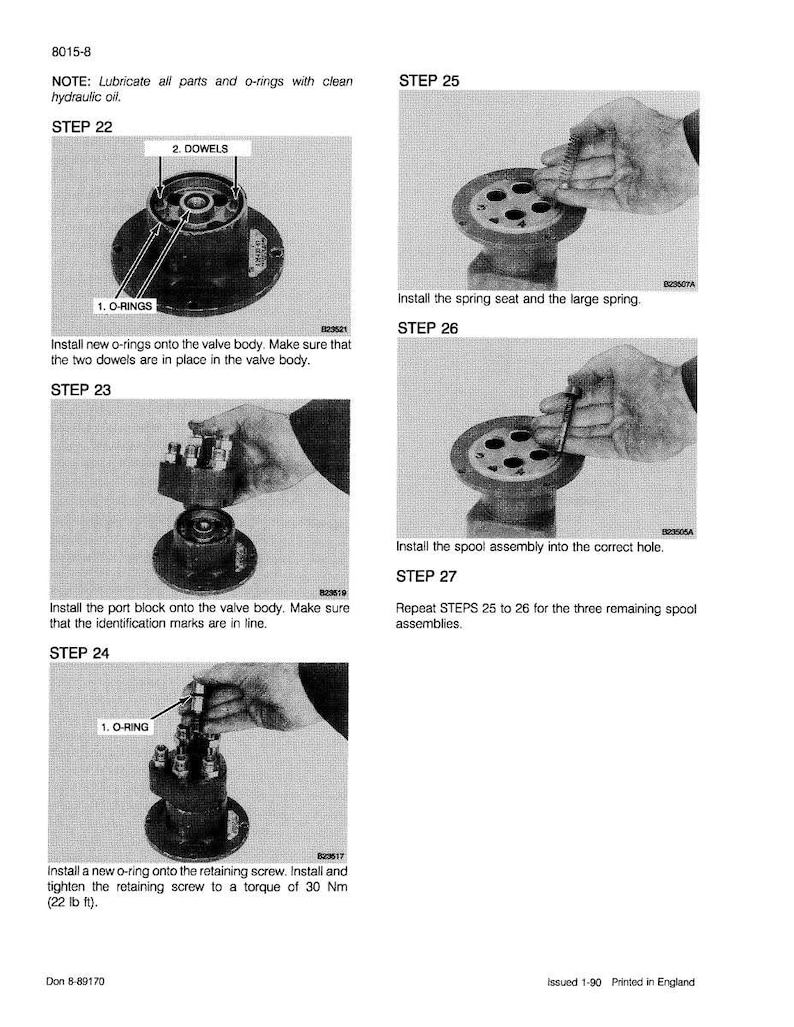 May include: A technical diagram with multiple steps for assembling a mechanical component. The steps include installing O-rings, dowels, and other parts. Text instructions and diagrams are provided, with measurements in lb ft.