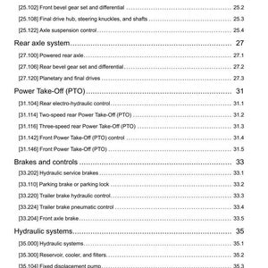 May include: A detailed technical document with a white background, listing various mechanical systems and components. Sections include front and rear axle systems, power take-off, brakes, controls, and hydraulic systems. The document is organized with numbered headings and subheadings.