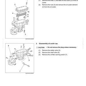 May include: A technical manual page titled Lubrication Overhaul E485B featuring two exploded view diagrams of an oil cooler assembly. The diagrams include numbered components and instructions for the removal of the oil cooler element and cap.