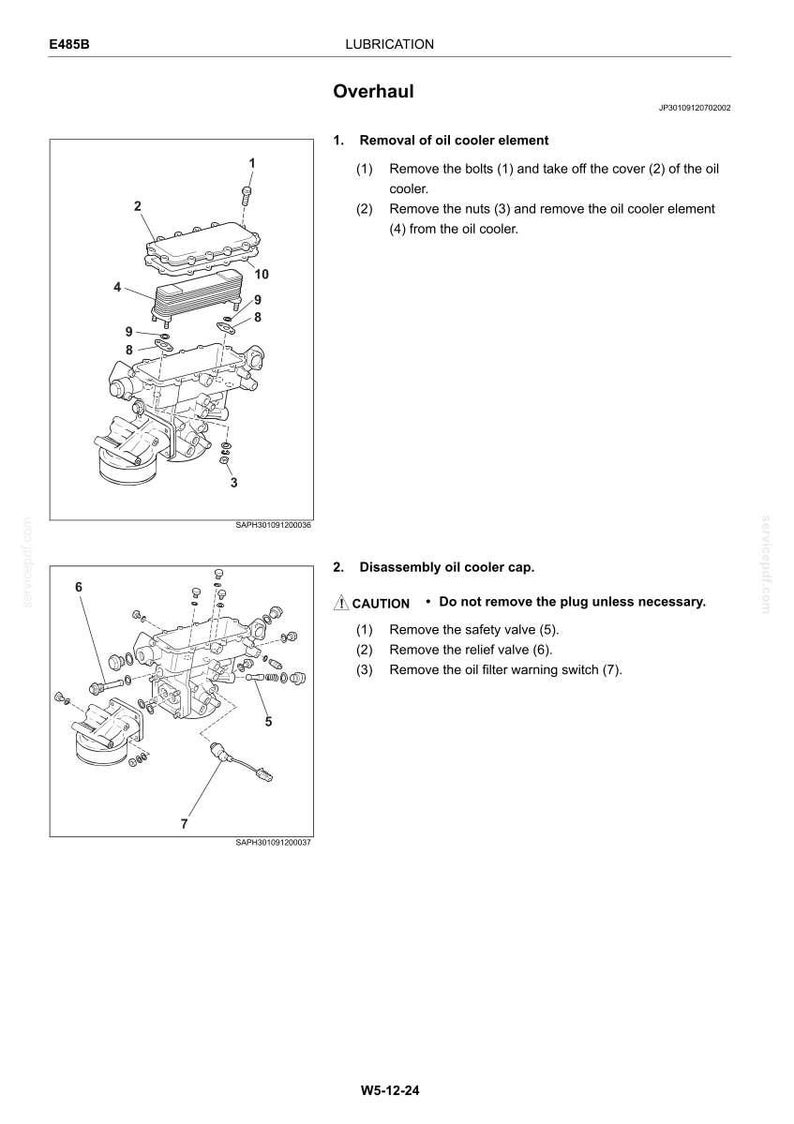 May include: A technical manual page titled Lubrication Overhaul E485B featuring two exploded view diagrams of an oil cooler assembly. The diagrams include numbered components and instructions for the removal of the oil cooler element and cap.