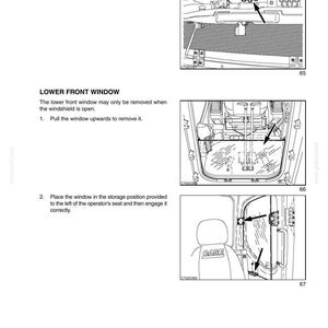 May include: Diagrams from a manual showing the removal and storage of a lower front window. The images show the window being pulled upwards and placed in a storage position near the operator's seat.
