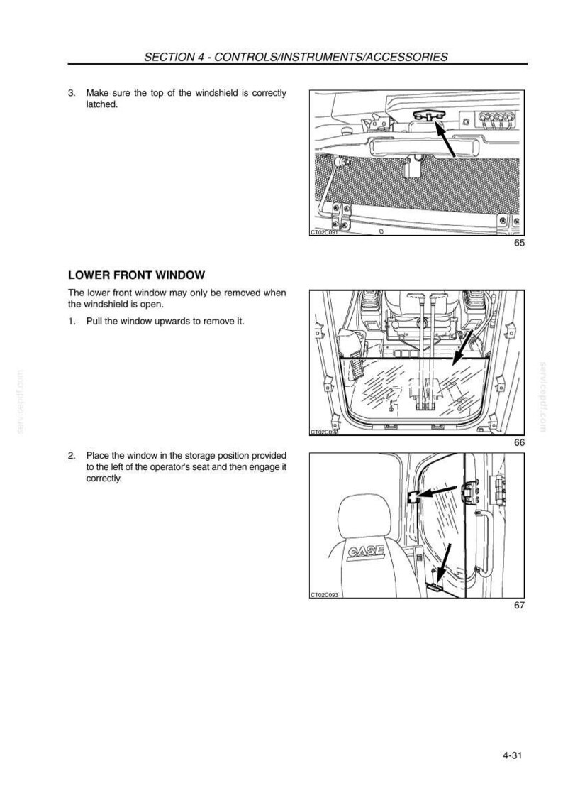 May include: Diagrams from a manual showing the removal and storage of a lower front window. The images show the window being pulled upwards and placed in a storage position near the operator's seat.