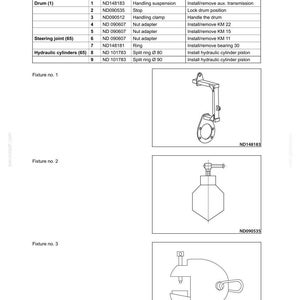 May include: Diagram of tooling and equipment, including a handling suspension, stop, and handling clamp. The image also features a table with fixture names and applications, such as installing and removing various components.