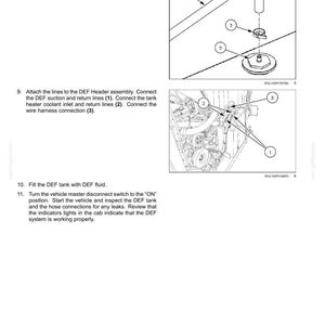 May include: Diagram of an engine's Selective Catalytic Reduction (SCR) exhaust treatment system. The image shows labeled components including vent lines, hose clamps, and DEF tank connections. Instructions are provided for assembly and inspection.