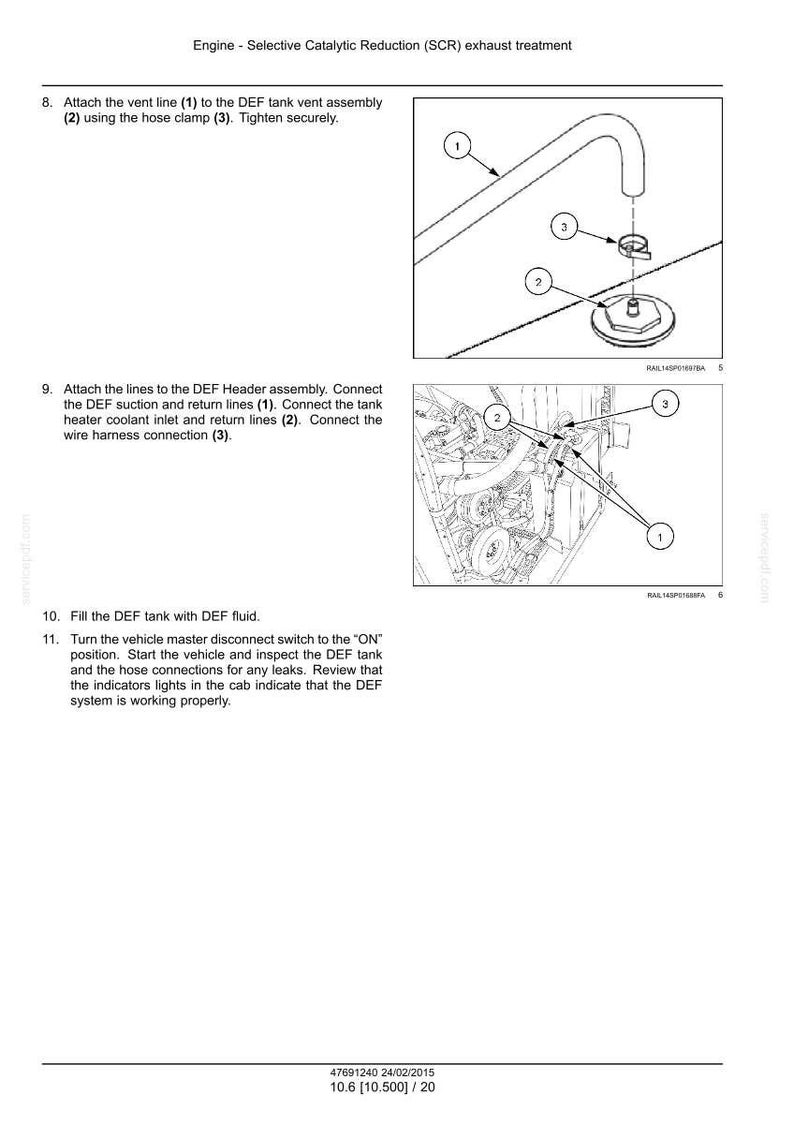 May include: Diagram of an engine's Selective Catalytic Reduction (SCR) exhaust treatment system. The image shows labeled components including vent lines, hose clamps, and DEF tank connections. Instructions are provided for assembly and inspection.