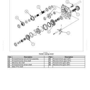 May include: Diagram of a mechanical transmission, exploded view of the center casing cover. Includes labeled components such as gears, shafts, and the forward/reverse rail and fork assembly. Text includes gear tooth counts.