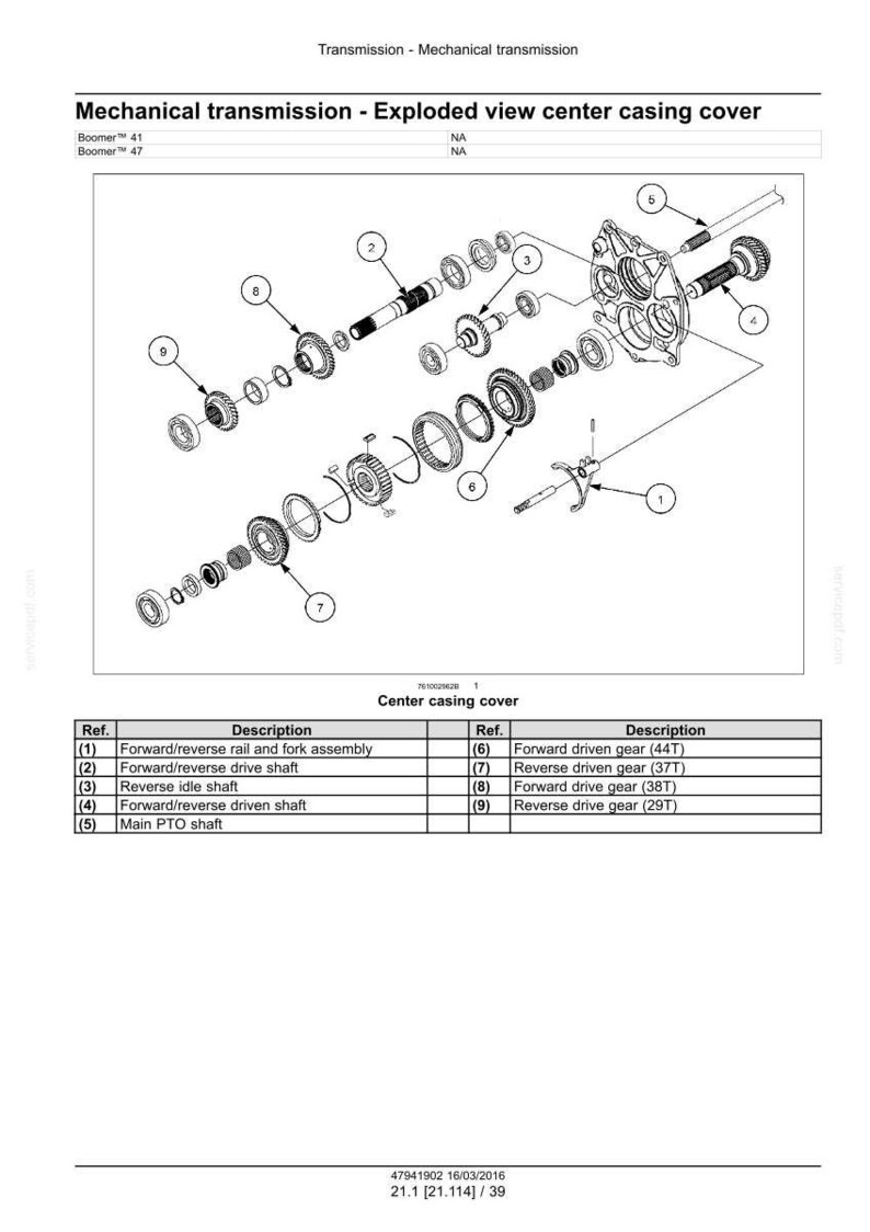May include: Diagram of a mechanical transmission, exploded view of the center casing cover. Includes labeled components such as gears, shafts, and the forward/reverse rail and fork assembly. Text includes gear tooth counts.