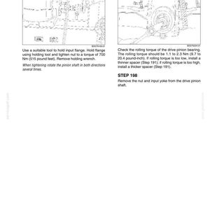 May include: A technical manual page featuring line drawings for steps 196, 197, and 198. Step 196 shows using a tool to hold an input flange and tightening a nut to 700 Nm (515 pound feet). Step 197 details checking rolling torque to 1.1 to 2.3 Nm.