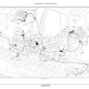 Op de afbeelding: Gedetailleerd diagram van elektrische systemen, kabelbomen en connectoren. De afbeelding toont een complex schema met talrijke gelabelde componenten (X-090, X-100, X-120, enz.) en bedrading. Het diagram is in zwart-wit.