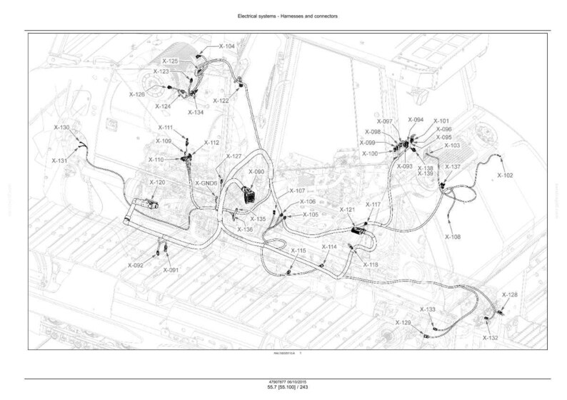 Op de afbeelding: Gedetailleerd diagram van elektrische systemen, kabelbomen en connectoren. De afbeelding toont een complex schema met talrijke gelabelde componenten (X-090, X-100, X-120, enz.) en bedrading. Het diagram is in zwart-wit.