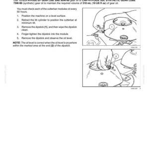 May include: Diagram illustrating the process of checking the oil level in a disc cutterbar module. The image includes step-by-step instructions and diagrams for maintenance, with measurements in US fluid ounces.