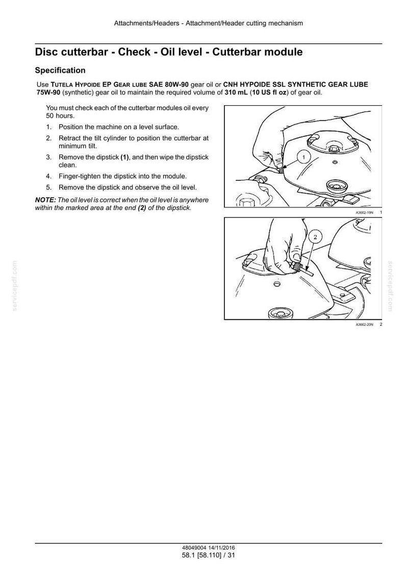 May include: Diagram illustrating the process of checking the oil level in a disc cutterbar module. The image includes step-by-step instructions and diagrams for maintenance, with measurements in US fluid ounces.