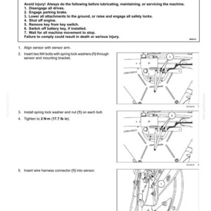 May include: Diagram illustrating the installation of a horizontal reel position sensor. The instructions include safety warnings and steps for aligning the sensor, inserting bolts, and tightening to 17.7 lb in. The image is a technical drawing.