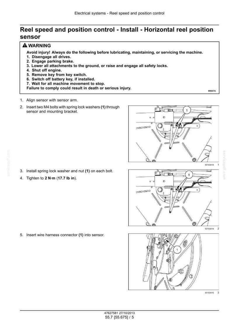 May include: Diagram illustrating the installation of a horizontal reel position sensor. The instructions include safety warnings and steps for aligning the sensor, inserting bolts, and tightening to 17.7 lb in. The image is a technical drawing.