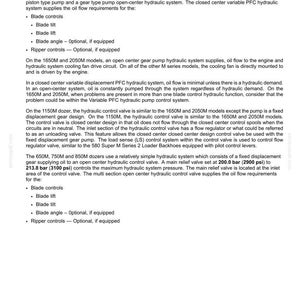 Peut inclure: Document d&eacute;crivant les syst&egrave;mes hydrauliques, y compris les Dozers 1650M et 2050M, avec des descriptions des commandes de lame, de levage et d'inclinaison de la lame. Il mentionne &eacute;galement une soupape de d&eacute;charge principale r&eacute;gl&eacute;e &agrave; 200,0 bar &agrave; 213,8 bar.