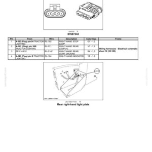 May include: Diagram of electrical connectors and wiring for right-hand rear lights. Includes a receptacle, wiring details, and a schematic of the light plate. Text includes part numbers and descriptions.