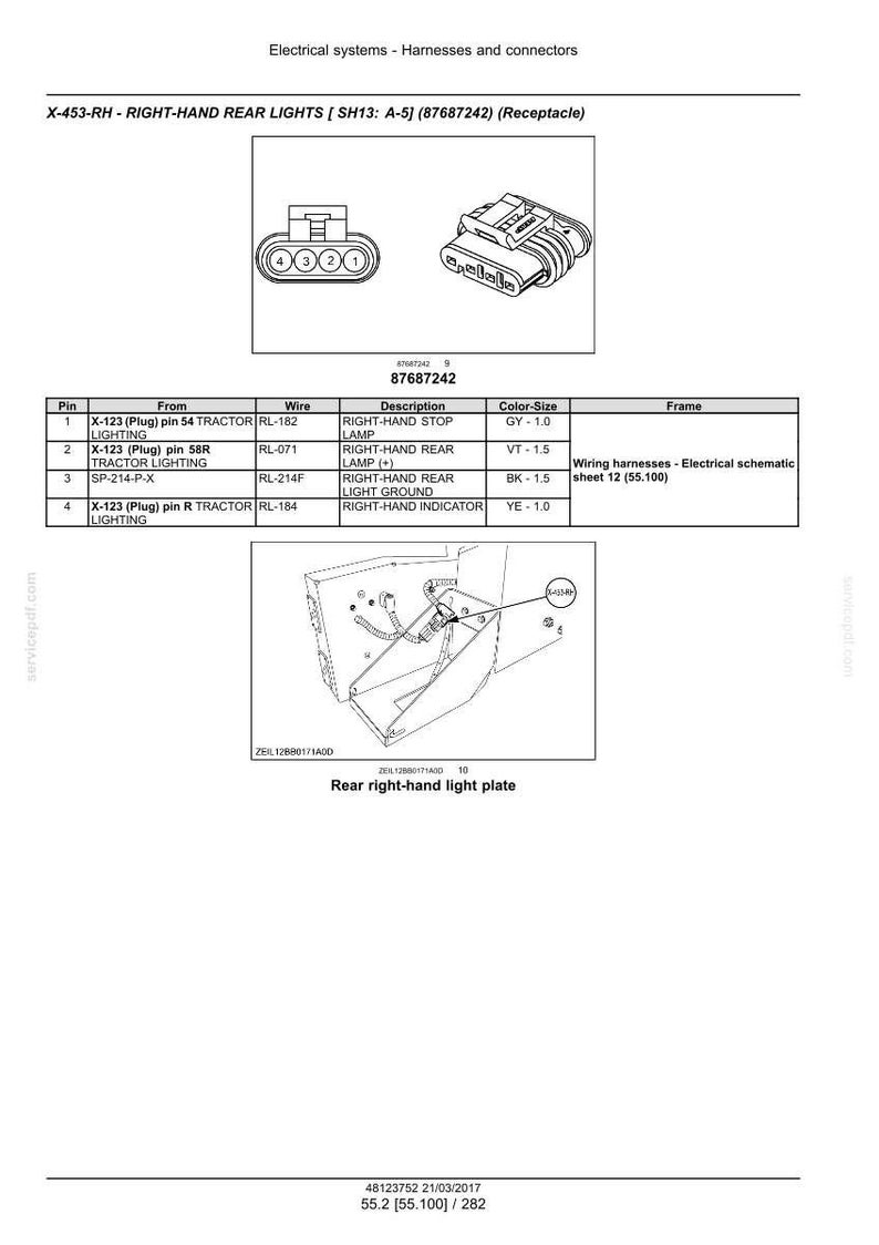 May include: Diagram of electrical connectors and wiring for right-hand rear lights. Includes a receptacle, wiring details, and a schematic of the light plate. Text includes part numbers and descriptions.