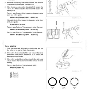 May include: Diagrams and instructions for engine cylinder head maintenance. Includes measurements in inches and millimeters for valve stem and guide clearance, valve stem outer diameter, and valve seat width.