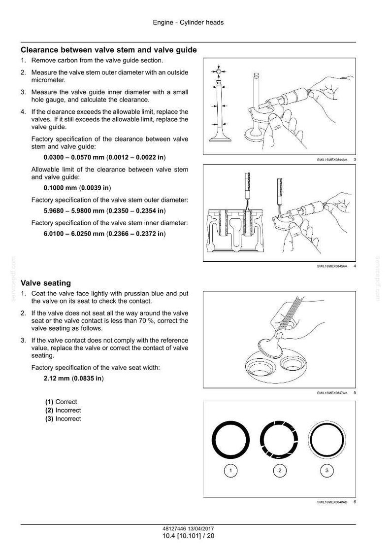 May include: Diagrams and instructions for engine cylinder head maintenance. Includes measurements in inches and millimeters for valve stem and guide clearance, valve stem outer diameter, and valve seat width.