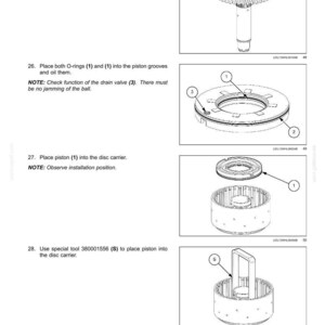 May include: Diagram of a powershift transmission assembly process. The image shows various components, including bearings, O-rings, pistons, and a disc carrier, with numbered labels for each part. Text instructions accompany each step.