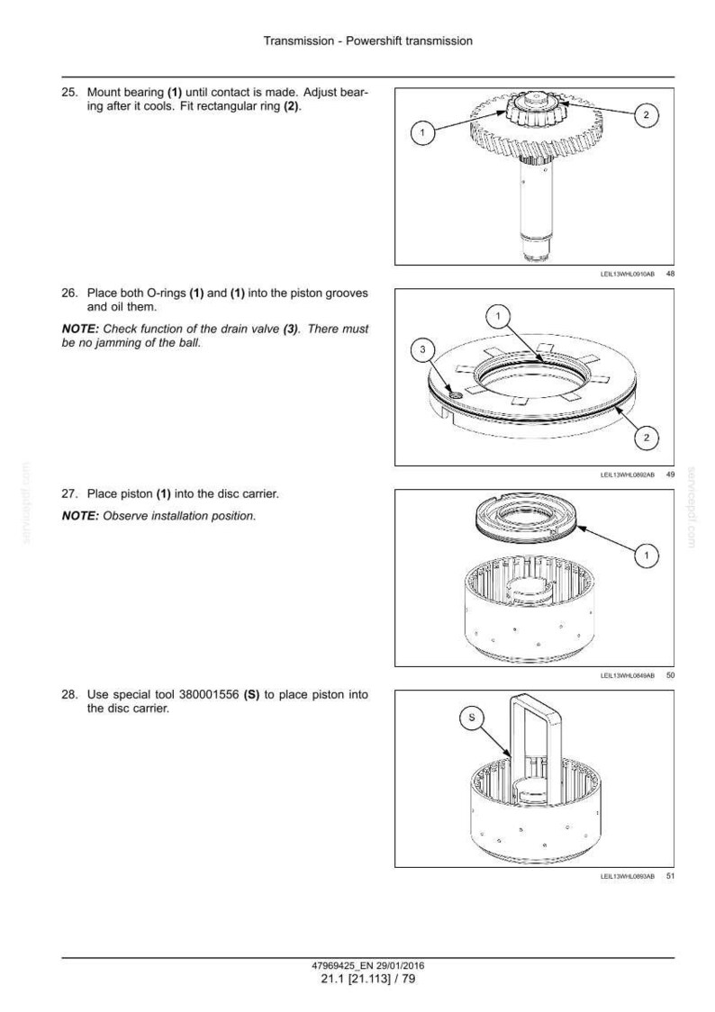 May include: Diagram of a powershift transmission assembly process. The image shows various components, including bearings, O-rings, pistons, and a disc carrier, with numbered labels for each part. Text instructions accompany each step.