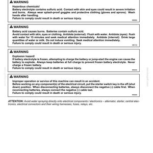 May include: A maintenance manual page detailing electrical system safety, with a focus on battery operation. The page includes warnings about hazardous chemicals, burns, and explosion risks. Safety advice and first aid instructions are provided.