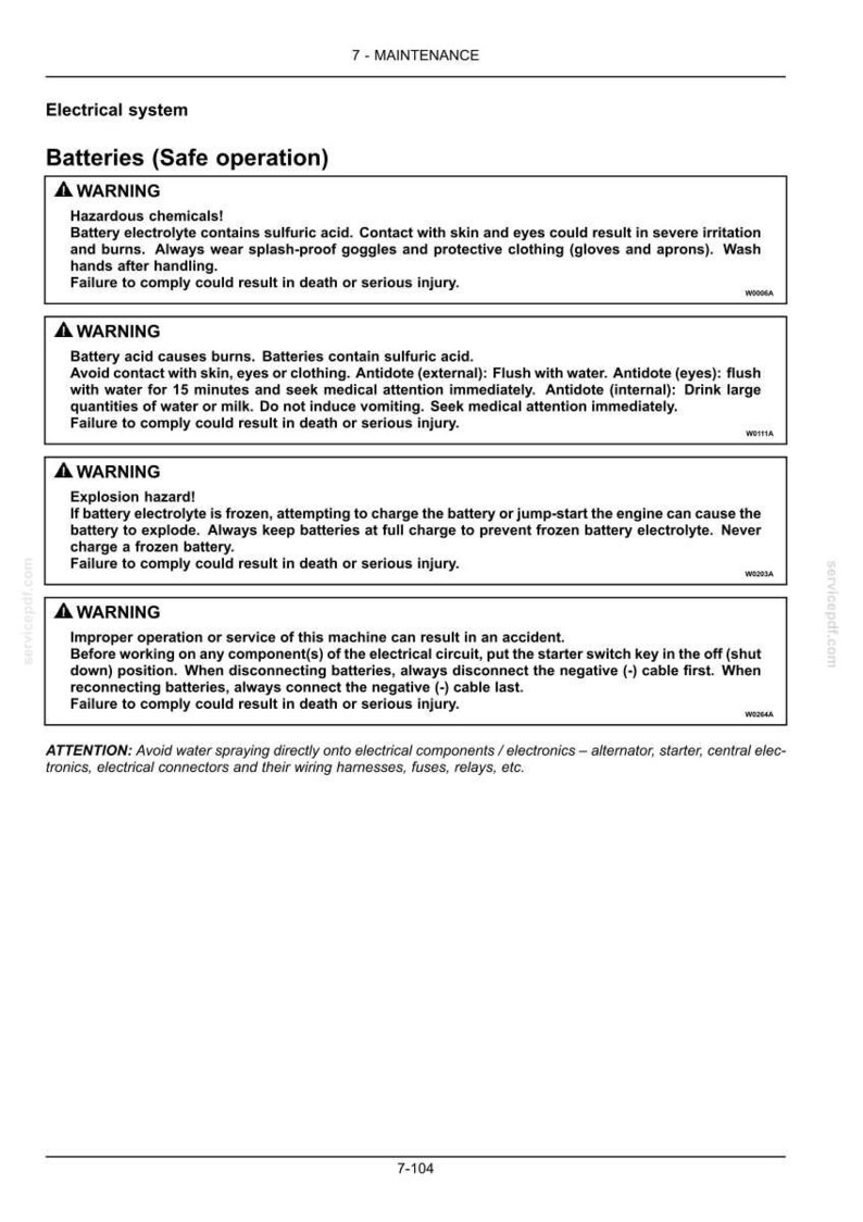 May include: A maintenance manual page detailing electrical system safety, with a focus on battery operation. The page includes warnings about hazardous chemicals, burns, and explosion risks. Safety advice and first aid instructions are provided.