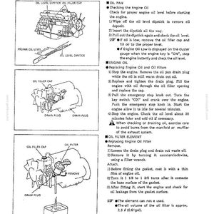 May include: A technical document titled ENGINE MAINTENANCE PROCEDURES featuring black and white line drawings of an engine, oil dipstick, oil filler cap, drain plug, and oil filter, with detailed numbered instructions for checking and replacing oil.