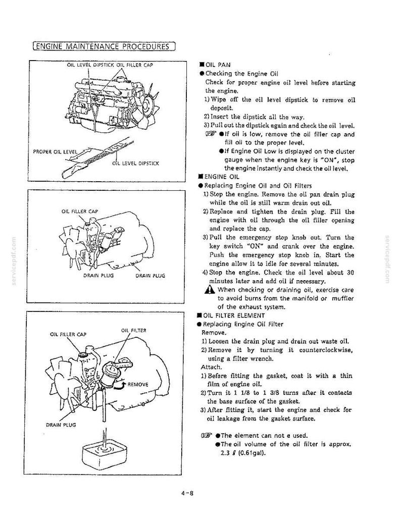 May include: A technical document titled ENGINE MAINTENANCE PROCEDURES featuring black and white line drawings of an engine, oil dipstick, oil filler cap, drain plug, and oil filter, with detailed numbered instructions for checking and replacing oil.