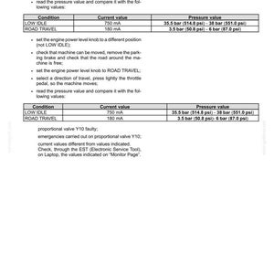 May include: A technical document with instructions for engine control system checks. The document includes tables with current and pressure values for different conditions, such as "LOW IDLE" and "ROAD TRAVEL".