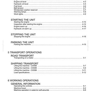 May include: A white document with black text detailing operating instructions for a unit. Sections include commissioning, starting, stopping, and parking the unit, as well as transport and working operations. Page numbers are listed on the right.