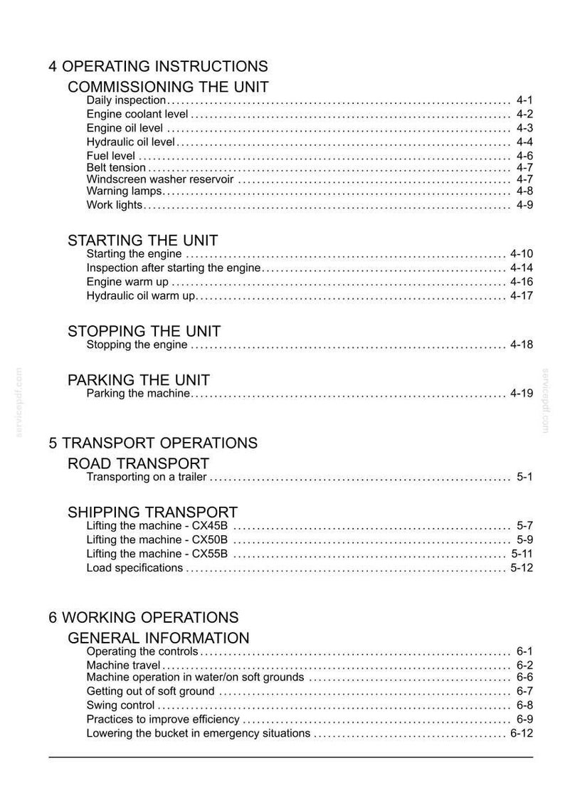 May include: A white document with black text detailing operating instructions for a unit. Sections include commissioning, starting, stopping, and parking the unit, as well as transport and working operations. Page numbers are listed on the right.