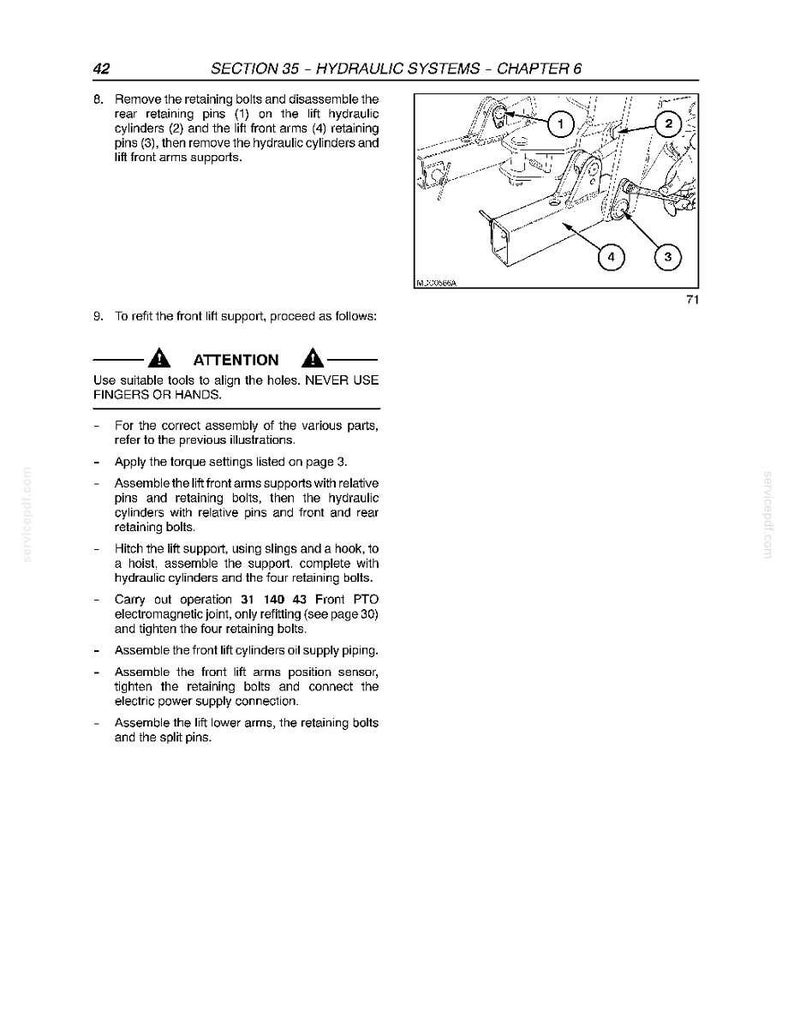 Puede incluir: Una p&aacute;gina de manual que detalla los sistemas hidr&aacute;ulicos, con diagramas e instrucciones de mantenimiento. El texto incluye pasos para quitar y volver a colocar componentes, con advertencias de seguridad. El diagrama muestra piezas numeradas de un sistema mec&aacute;nico.