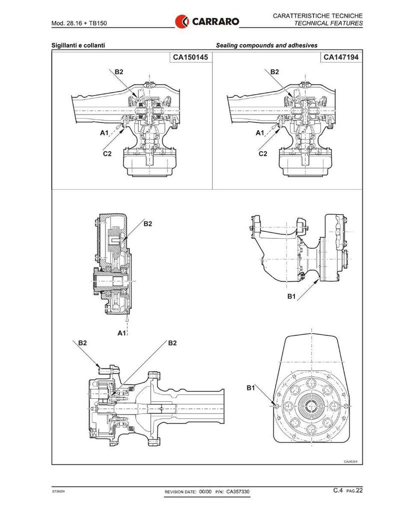 May include: Technical diagram of Carraro sealing compounds and adhesives, featuring detailed illustrations of mechanical components. The diagram includes labels such as A1, B1, B2, and C2, with model numbers CA150145 and CA147194. The document is labeled "Technical Features".