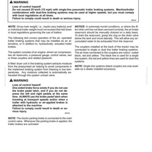 May include: A technical document page titled 6-WORKING OPERATIONS, TRAILER BRAKING SYSTEMS, and Trailer brakes air operated. It contains safety warnings regarding loss of control hazards, speed limits of 15 mph, and instructions for air-operated trailer brake systems.