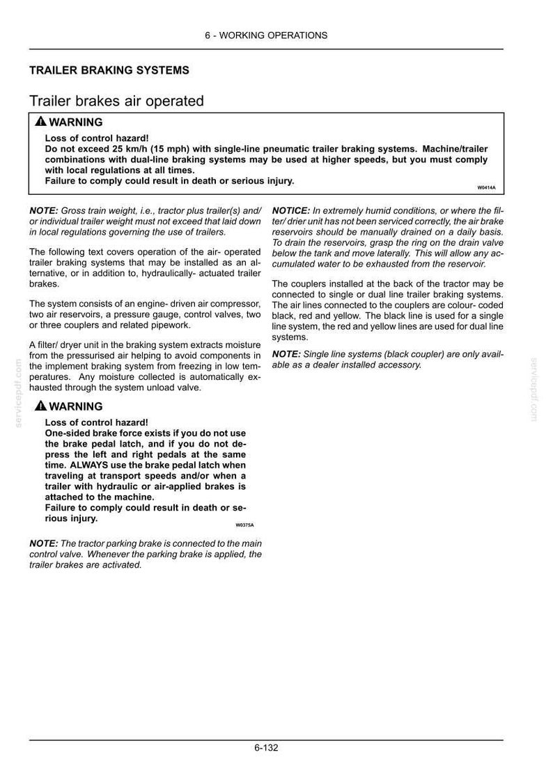May include: A technical document page titled 6-WORKING OPERATIONS, TRAILER BRAKING SYSTEMS, and Trailer brakes air operated. It contains safety warnings regarding loss of control hazards, speed limits of 15 mph, and instructions for air-operated trailer brake systems.