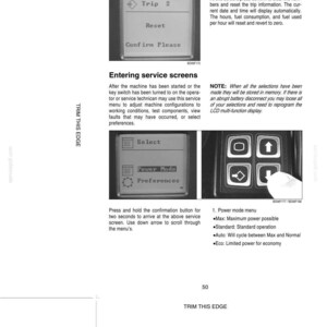 May include: A page from an automotive manual showing instrument and control information. The image displays a screen with options like "Trip 2" and "Reset," along with instructions for entering service screens and power mode settings. The text includes details on resetting trip information and power mode options.