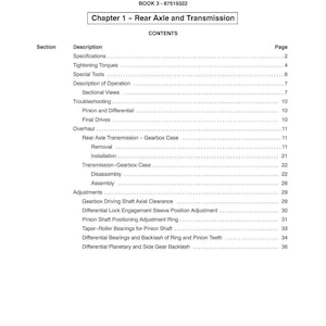 May include: A page from a manual titled "SECTION 27 - REAR TRANSMISSION." The table of contents lists sections such as "Specifications," "Tightening Torques," and "Final Drives." The page number "11" is at the bottom.