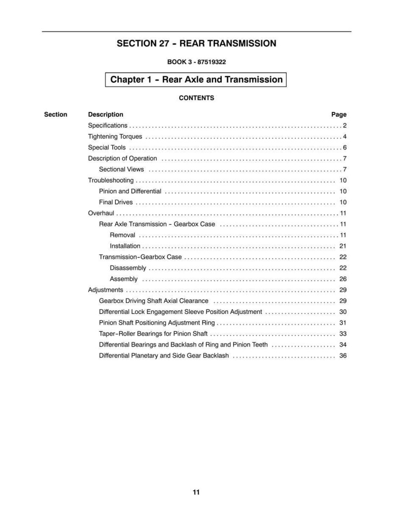 May include: A page from a manual titled "SECTION 27 - REAR TRANSMISSION." The table of contents lists sections such as "Specifications," "Tightening Torques," and "Final Drives." The page number "11" is at the bottom.