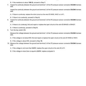 May include: A diagnostic document titled "Electrical systems - FAULT CODES" with troubleshooting steps for a P2 pressure sensor. Includes instructions for measuring resistance, checking continuity, and voltage, with specific wire IDs and voltage thresholds.