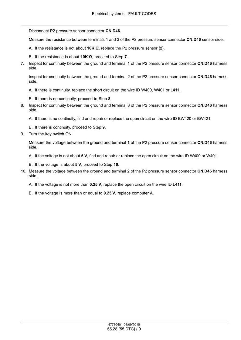 May include: A diagnostic document titled "Electrical systems - FAULT CODES" with troubleshooting steps for a P2 pressure sensor. Includes instructions for measuring resistance, checking continuity, and voltage, with specific wire IDs and voltage thresholds.