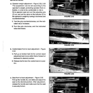 May include: A technical manual page titled Section II - MACHINE FAMILIARIZATION, detailing operator seat adjustments. It includes text instructions and four black-and-white photographs labeled Figure 2.52, 2.53, 2.54, and 2.55 showing seat controls.