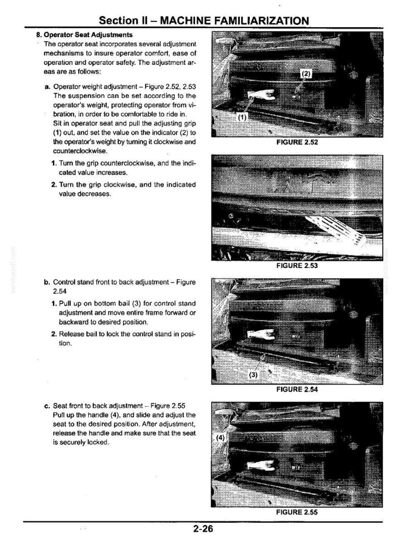 May include: A technical manual page titled Section II - MACHINE FAMILIARIZATION, detailing operator seat adjustments. It includes text instructions and four black-and-white photographs labeled Figure 2.52, 2.53, 2.54, and 2.55 showing seat controls.