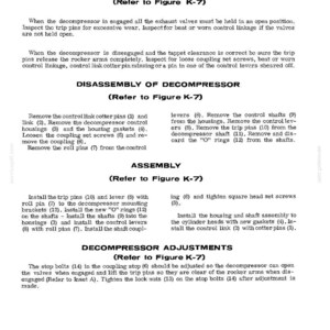 May include: A detailed technical document with instructions for inspecting, disassembling, assembling, and adjusting a decompressor. The text is in black font on a white background, with section headings and numbered steps. The document includes diagrams and references to figure K-7.